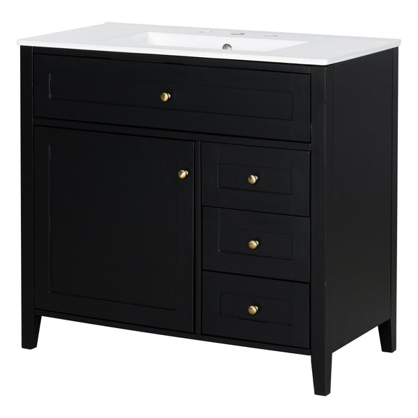 English Elm 36-Inch Freestanding Bathroom Vanity with Ceramic Sink MDF Cabinet and 3 Drawers Black N725P464930B