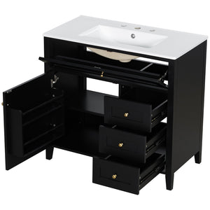 English Elm 36-Inch Freestanding Bathroom Vanity with Ceramic Sink MDF Cabinet and 3 Drawers Black N725P464930B