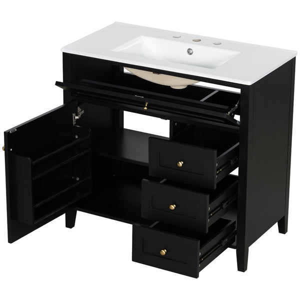 English Elm 36-Inch Freestanding Bathroom Vanity with Ceramic Sink MDF Cabinet and 3 Drawers Black N725P464930B