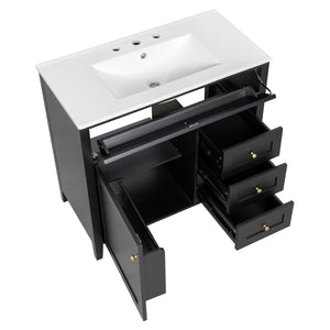 English Elm 36-Inch Freestanding Bathroom Vanity with Ceramic Sink MDF Cabinet and 3 Drawers Black N725P464930B