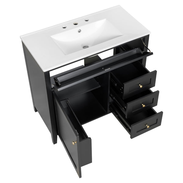 English Elm 36-Inch Freestanding Bathroom Vanity with Ceramic Sink MDF Cabinet and 3 Drawers Black N725P464930B
