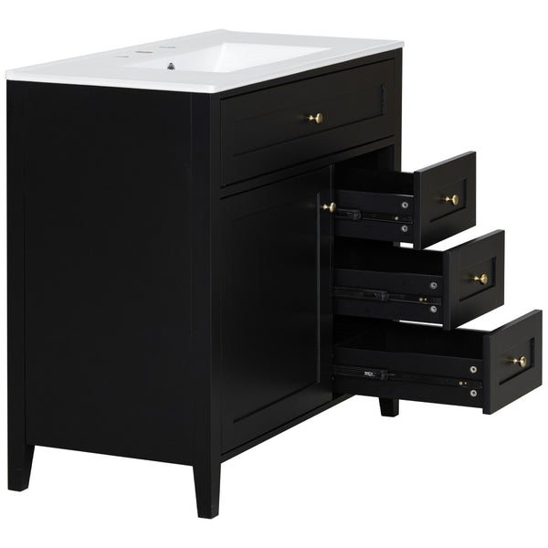 English Elm 36-Inch Freestanding Bathroom Vanity with Ceramic Sink MDF Cabinet and 3 Drawers Black N725P464930B
