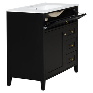 English Elm 36-Inch Freestanding Bathroom Vanity with Ceramic Sink MDF Cabinet and 3 Drawers Black N725P464930B