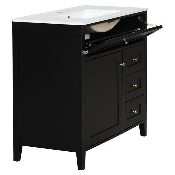 English Elm 36-Inch Freestanding Bathroom Vanity with Ceramic Sink MDF Cabinet and 3 Drawers Black N725P464930B
