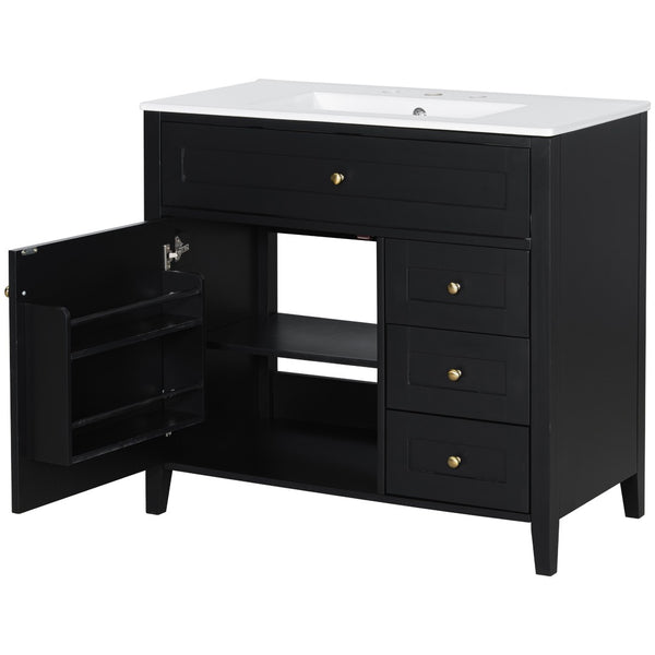 English Elm 36-Inch Freestanding Bathroom Vanity with Ceramic Sink MDF Cabinet and 3 Drawers Black N725P464930B