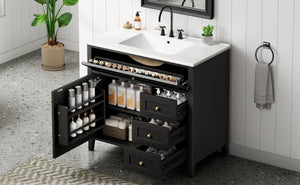 English Elm 36-Inch Freestanding Bathroom Vanity with Ceramic Sink MDF Cabinet and 3 Drawers Black N725P464930B