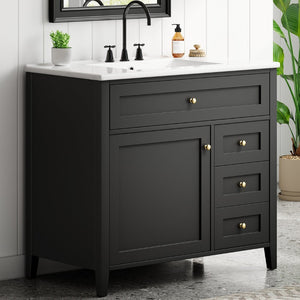 English Elm 36-Inch Freestanding Bathroom Vanity with Ceramic Sink MDF Cabinet and 3 Drawers Black N725P464930B