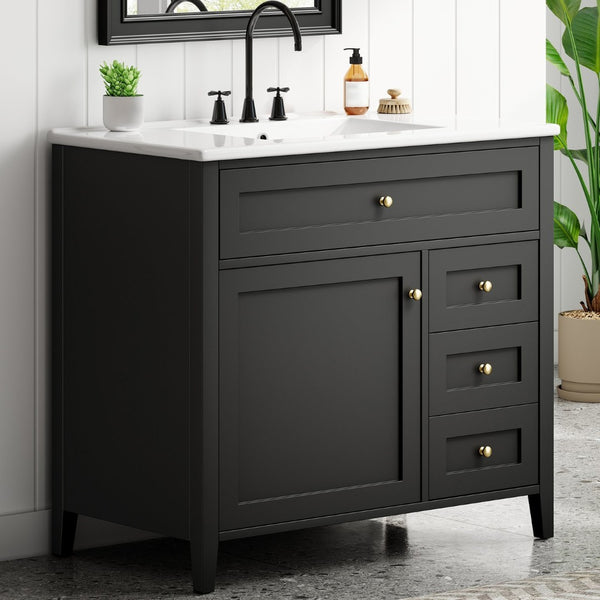 English Elm 36-Inch Freestanding Bathroom Vanity with Ceramic Sink MDF Cabinet and 3 Drawers Black N725P464930B