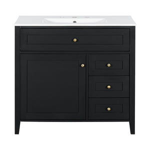 English Elm 36-Inch Freestanding Bathroom Vanity with Ceramic Sink MDF Cabinet and 3 Drawers Black N725P464930B