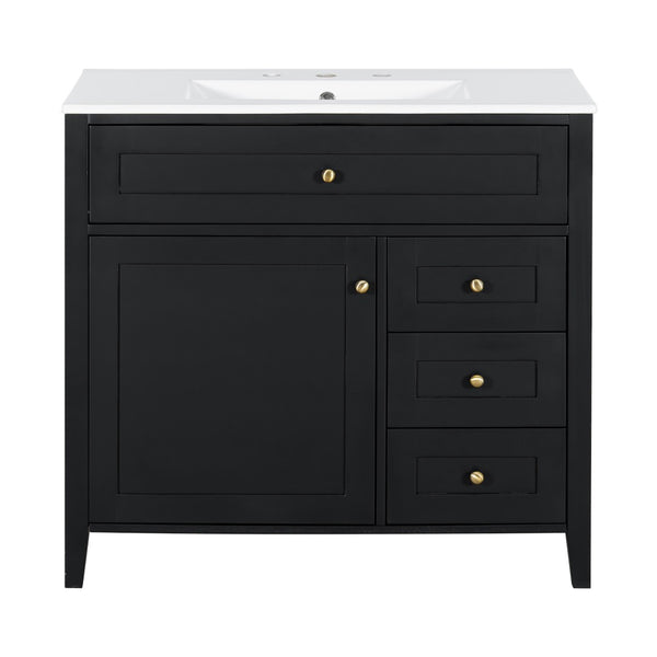 English Elm 36-Inch Freestanding Bathroom Vanity with Ceramic Sink MDF Cabinet and 3 Drawers Black N725P464930B