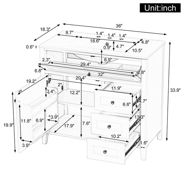English Elm 36-Inch Freestanding Bathroom Vanity with Ceramic Sink MDF Cabinet and 3 Drawers Black N725P464930B