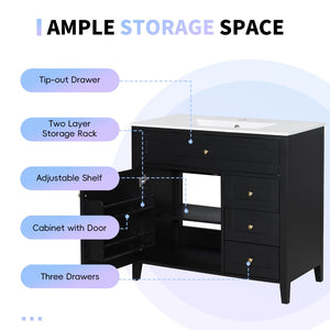 English Elm 36-Inch Freestanding Bathroom Vanity with Ceramic Sink MDF Cabinet and 3 Drawers Black N725P464930B