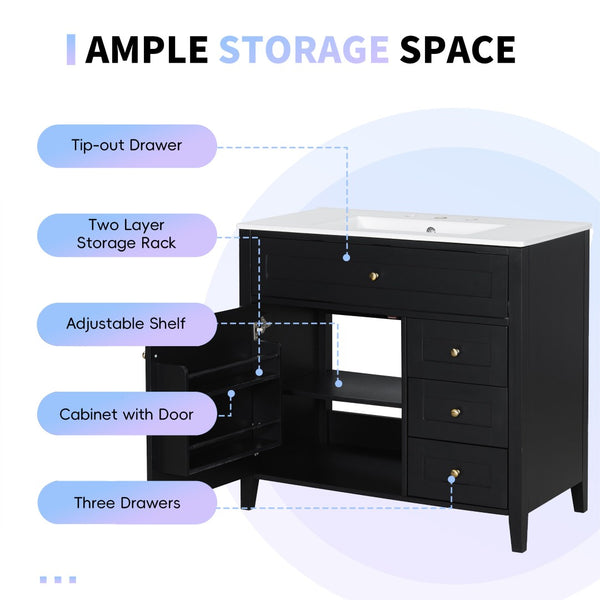 English Elm 36-Inch Freestanding Bathroom Vanity with Ceramic Sink MDF Cabinet and 3 Drawers Black N725P464930B