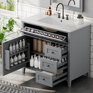 English Elm 36-Inch Freestanding Bathroom Vanity with Ceramic Sink MDF Cabinet and 3 Drawers Gray N725P464930E
