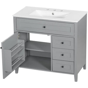 English Elm 36-Inch Freestanding Bathroom Vanity with Ceramic Sink MDF Cabinet and 3 Drawers Gray N725P464930E