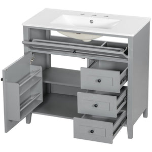 English Elm 36-Inch Freestanding Bathroom Vanity with Ceramic Sink MDF Cabinet and 3 Drawers Gray N725P464930E