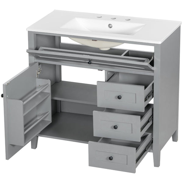 English Elm 36-Inch Freestanding Bathroom Vanity with Ceramic Sink MDF Cabinet and 3 Drawers Gray N725P464930E