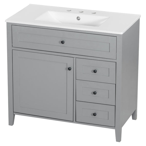 English Elm 36-Inch Freestanding Bathroom Vanity with Ceramic Sink MDF Cabinet and 3 Drawers Gray N725P464930E