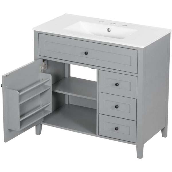 English Elm 36-Inch Freestanding Bathroom Vanity with Ceramic Sink MDF Cabinet and 3 Drawers Gray N725P464930E