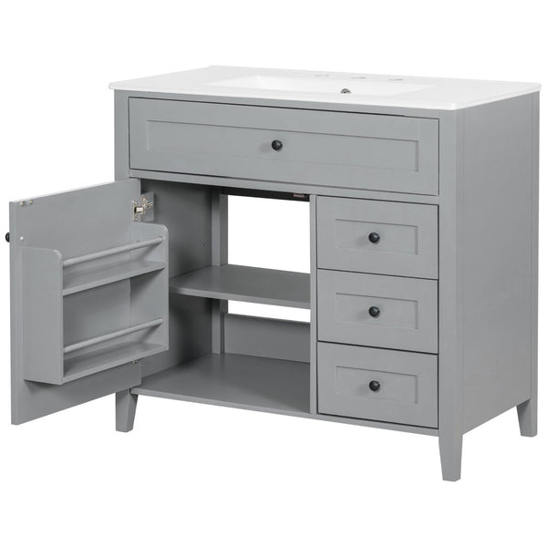 English Elm 36-Inch Freestanding Bathroom Vanity with Ceramic Sink MDF Cabinet and 3 Drawers Gray N725P464930E