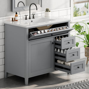 English Elm 36-Inch Freestanding Bathroom Vanity with Ceramic Sink MDF Cabinet and 3 Drawers Gray N725P464930E