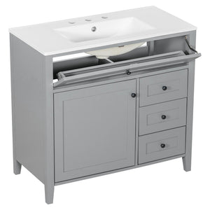 English Elm 36-Inch Freestanding Bathroom Vanity with Ceramic Sink MDF Cabinet and 3 Drawers Gray N725P464930E