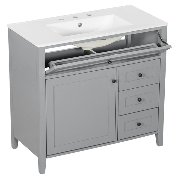 English Elm 36-Inch Freestanding Bathroom Vanity with Ceramic Sink MDF Cabinet and 3 Drawers Gray N725P464930E