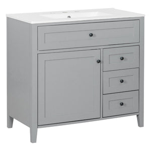English Elm 36-Inch Freestanding Bathroom Vanity with Ceramic Sink MDF Cabinet and 3 Drawers Gray N725P464930E