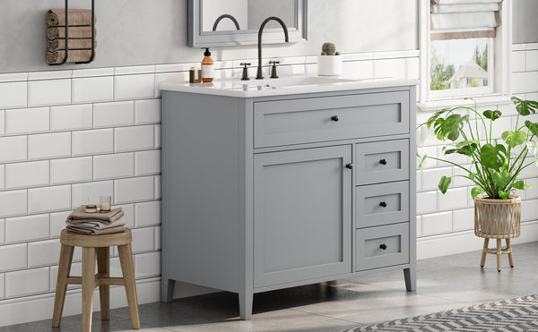 English Elm 36-Inch Freestanding Bathroom Vanity with Ceramic Sink MDF Cabinet and 3 Drawers Gray N725P464930E