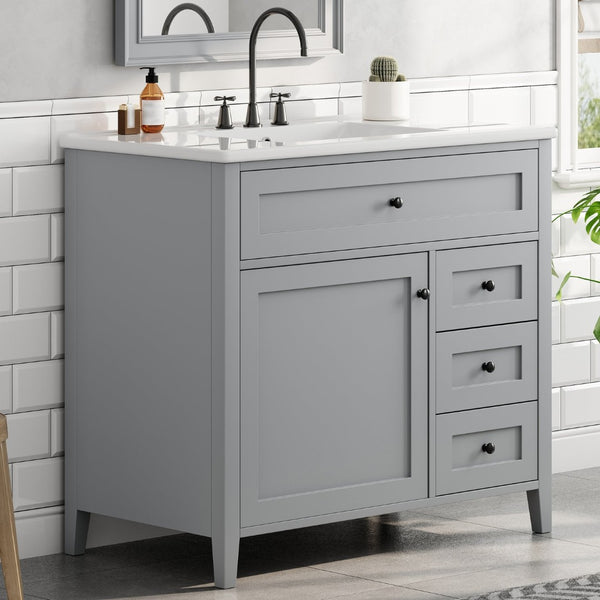 English Elm 36-Inch Freestanding Bathroom Vanity with Ceramic Sink MDF Cabinet and 3 Drawers Gray N725P464930E