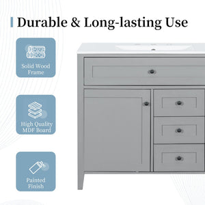 English Elm 36-Inch Freestanding Bathroom Vanity with Ceramic Sink MDF Cabinet and 3 Drawers Gray N725P464930E