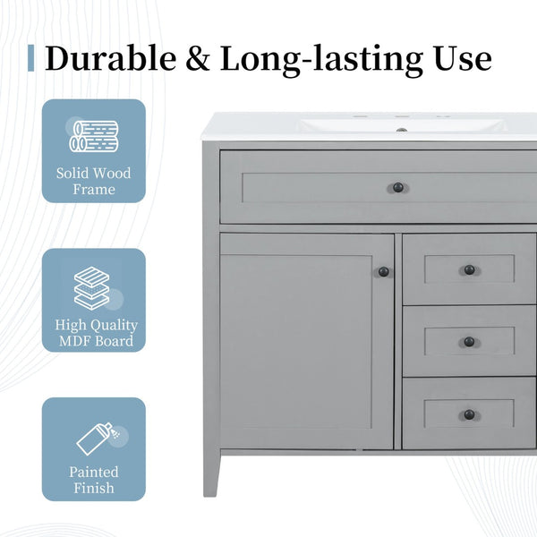 English Elm 36-Inch Freestanding Bathroom Vanity with Ceramic Sink MDF Cabinet and 3 Drawers Gray N725P464930E