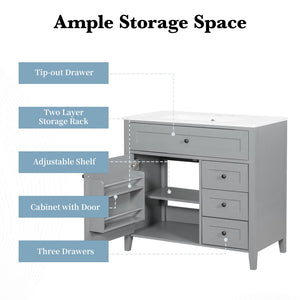 English Elm 36-Inch Freestanding Bathroom Vanity with Ceramic Sink MDF Cabinet and 3 Drawers Gray N725P464930E