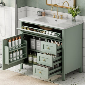 English Elm 36-Inch Freestanding Bathroom Vanity with Ceramic Sink MDF Cabinet and 3 Drawers Light Green N725P464930F