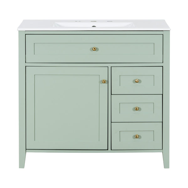 English Elm 36-Inch Freestanding Bathroom Vanity with Ceramic Sink MDF Cabinet and 3 Drawers Light Green N725P464930F