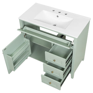 English Elm 36-Inch Freestanding Bathroom Vanity with Ceramic Sink MDF Cabinet and 3 Drawers Light Green N725P464930F