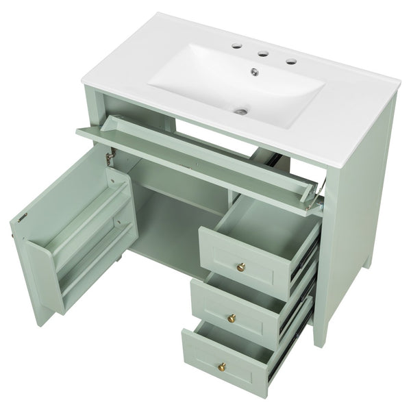 English Elm 36-Inch Freestanding Bathroom Vanity with Ceramic Sink MDF Cabinet and 3 Drawers Light Green N725P464930F