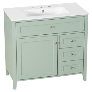 English Elm 36-Inch Freestanding Bathroom Vanity with Ceramic Sink MDF Cabinet and 3 Drawers Light Green N725P464930F