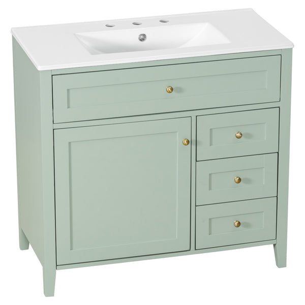 English Elm 36-Inch Freestanding Bathroom Vanity with Ceramic Sink MDF Cabinet and 3 Drawers Light Green N725P464930F