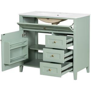 English Elm 36-Inch Freestanding Bathroom Vanity with Ceramic Sink MDF Cabinet and 3 Drawers Light Green N725P464930F