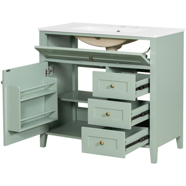 English Elm 36-Inch Freestanding Bathroom Vanity with Ceramic Sink MDF Cabinet and 3 Drawers Light Green N725P464930F