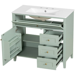 English Elm 36-Inch Freestanding Bathroom Vanity with Ceramic Sink MDF Cabinet and 3 Drawers Light Green N725P464930F