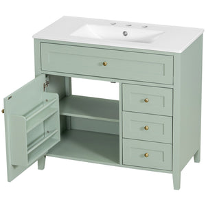 English Elm 36-Inch Freestanding Bathroom Vanity with Ceramic Sink MDF Cabinet and 3 Drawers Light Green N725P464930F