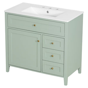 English Elm 36-Inch Freestanding Bathroom Vanity with Ceramic Sink MDF Cabinet and 3 Drawers Light Green N725P464930F