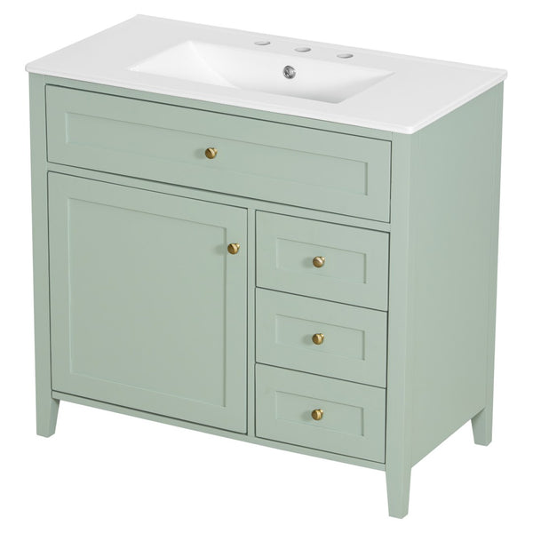 English Elm 36-Inch Freestanding Bathroom Vanity with Ceramic Sink MDF Cabinet and 3 Drawers Light Green N725P464930F