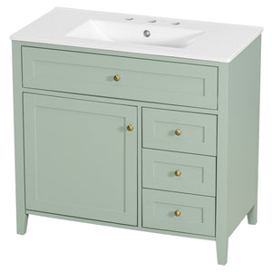 English Elm 36-Inch Freestanding Bathroom Vanity with Ceramic Sink MDF Cabinet and 3 Drawers Light Green N725P464930F