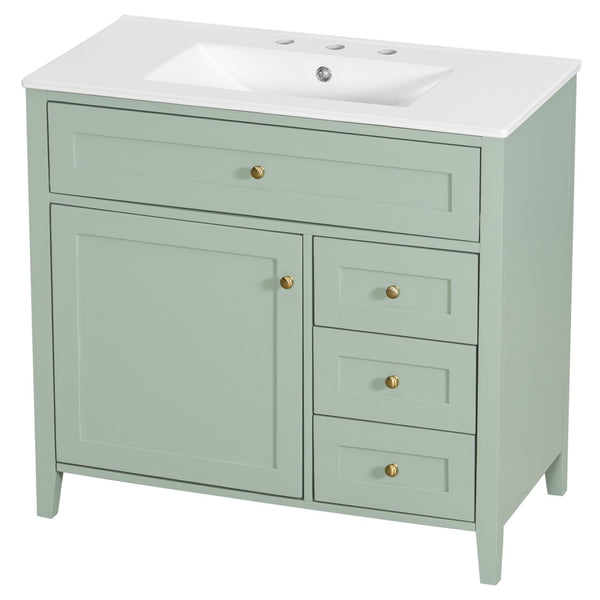 English Elm 36-Inch Freestanding Bathroom Vanity with Ceramic Sink MDF Cabinet and 3 Drawers Light Green N725P464930F