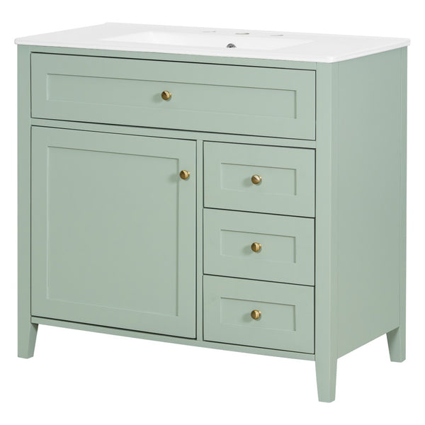 English Elm 36-Inch Freestanding Bathroom Vanity with Ceramic Sink MDF Cabinet and 3 Drawers Light Green N725P464930F