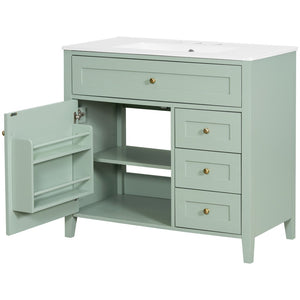 English Elm 36-Inch Freestanding Bathroom Vanity with Ceramic Sink MDF Cabinet and 3 Drawers Light Green N725P464930F