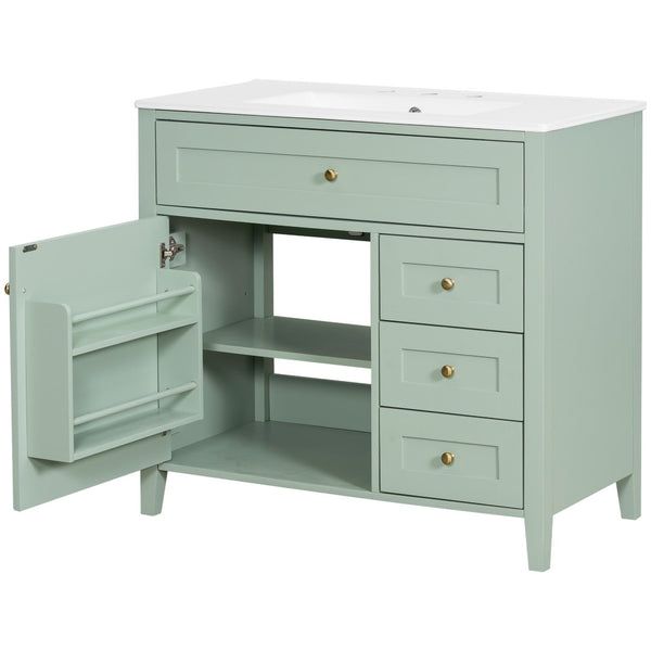 English Elm 36-Inch Freestanding Bathroom Vanity with Ceramic Sink MDF Cabinet and 3 Drawers Light Green N725P464930F